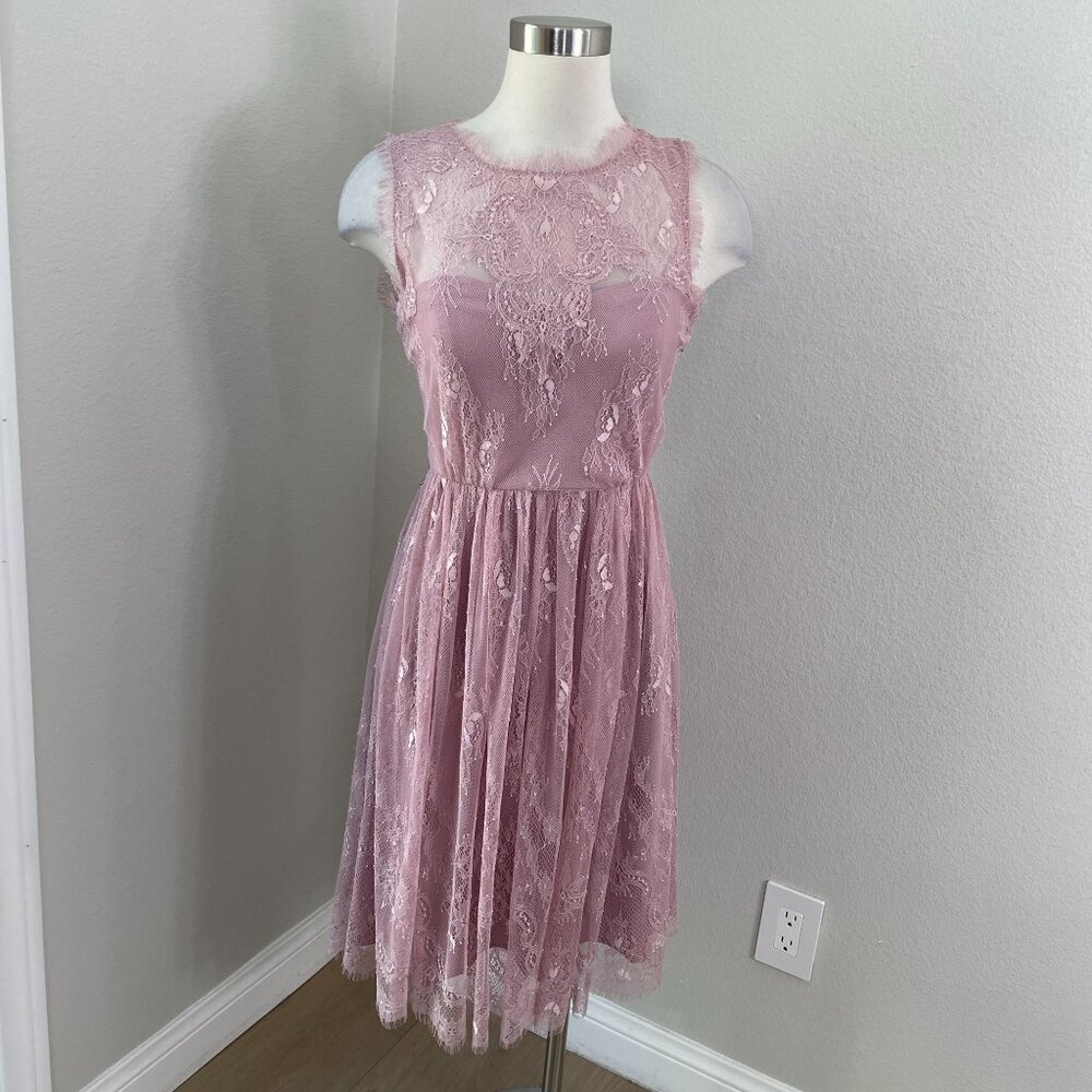 Hitherto Womens 8 Pink‎ Lace A Line Sleeveless Dress Romantic Whimsical